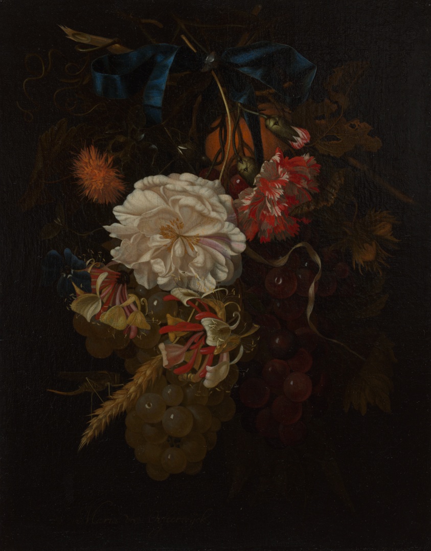 Bouquet of Flowers and Fruit with Blue Ribbon by Maria van Oosterwijck