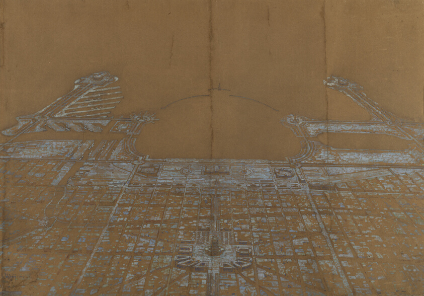 Plate 137 from The Plan of Chicago, 1909: Chicago. View of the Proposed Development in the Center of the City, from Twenty-Second Street to Chicago Avenue, Looking Towards the East Over the Civic Center to Grant Park and Lake Michigan by Daniel Hudson Burnham