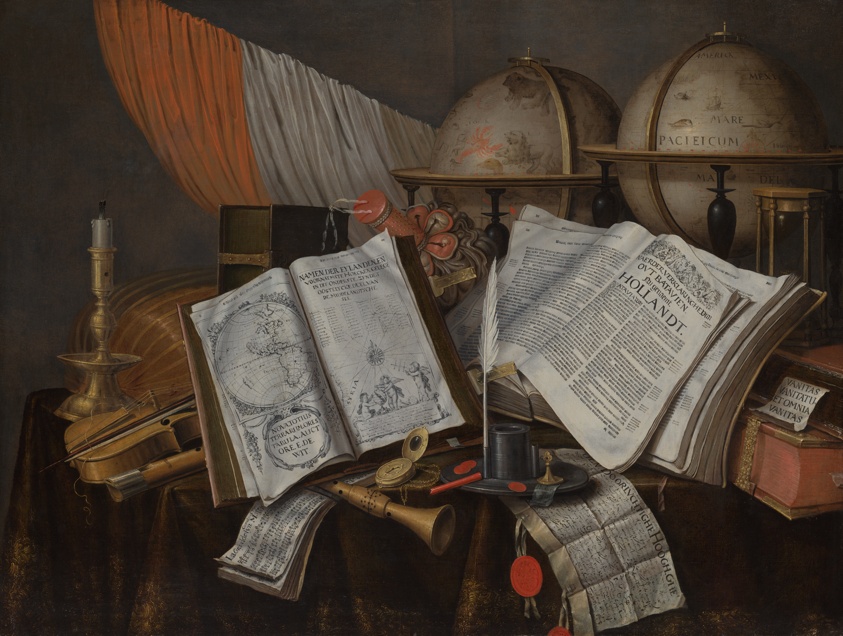 A Vanitas Still Life with a Flag, Candlestick, Musical Instruments, Books, Writing Paraphernalia, Globes, and Hourglass by Edwaert Collier
