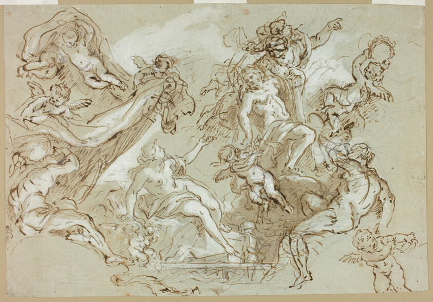 Apotheosis of Hercules (recto); Sketches of Horse's Head, Horse's Forequarters, and Altarpiece or Ciborium (verso) by Anton Domenico Gabbiani