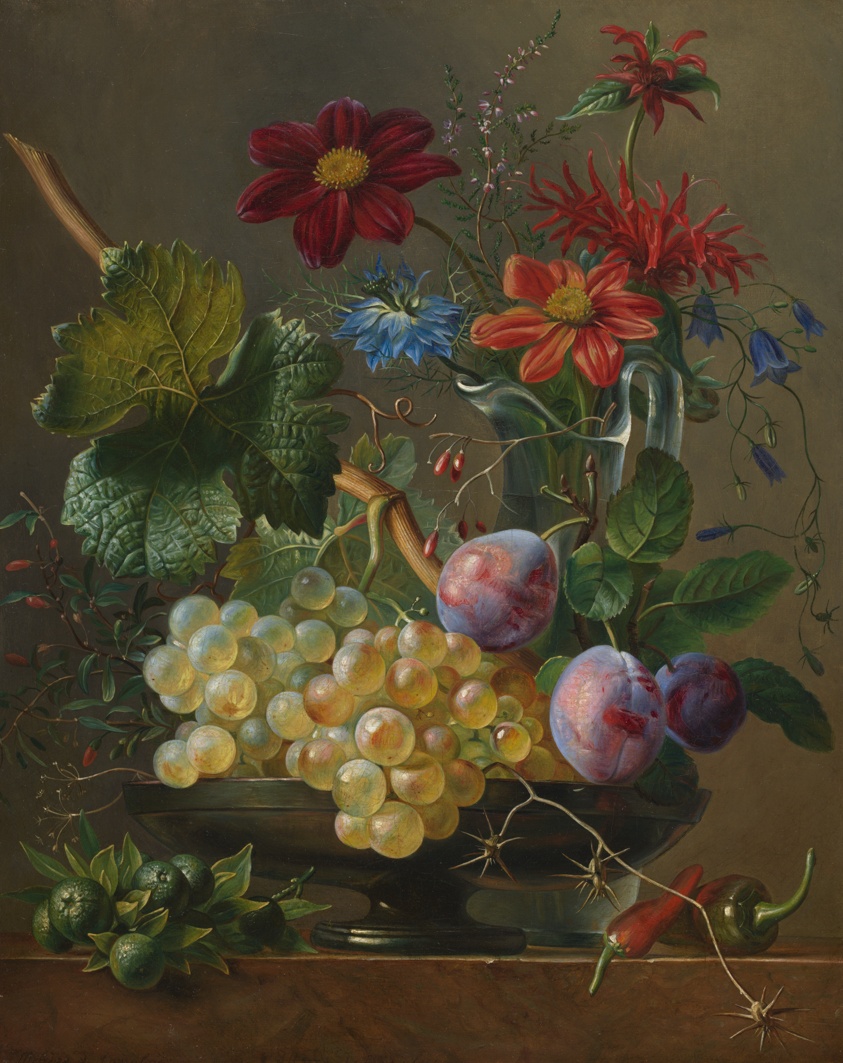 Still Life with Grapes and Flowers by Mélanie de Comoléra