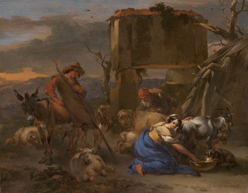 Pastoral Scene with a Shepherdess Milking a Goat by Nicolaes Berchem