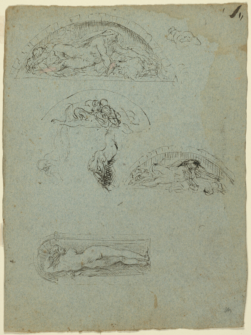 Standing Figure in a Niche and Studies for the Ugolino Group (recto); Red-Robed Prelate in a Crowd (verso) by Jean Baptiste Carpeaux