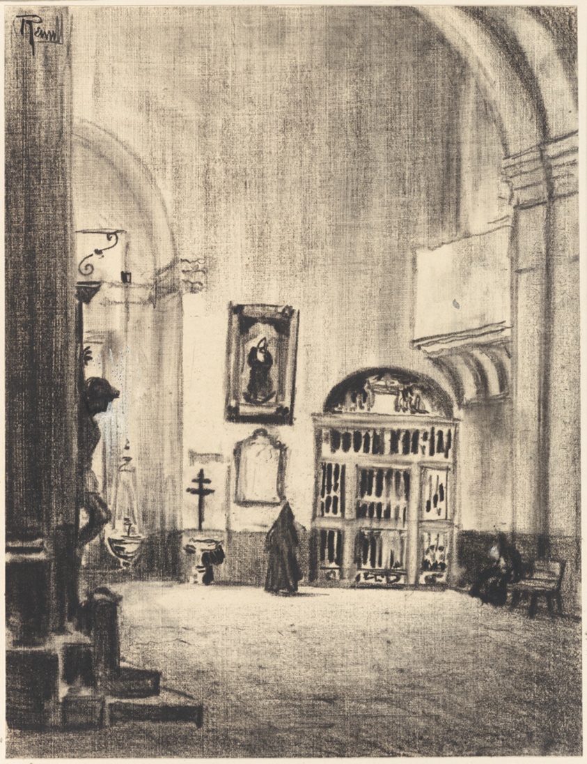 The Baptismal Font of Cervantés, Santa Maria la Mayor, Alcalá, from Castilian Days by Joseph Pennell