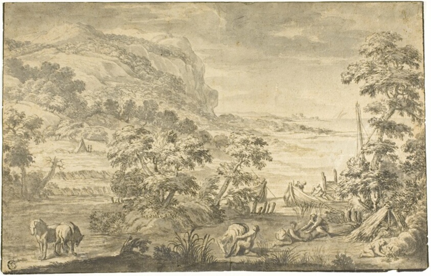 Italianate Coastal Scene with Fishermen, Encampment (recto); River Estuary (verso) by Pietro da Cortona