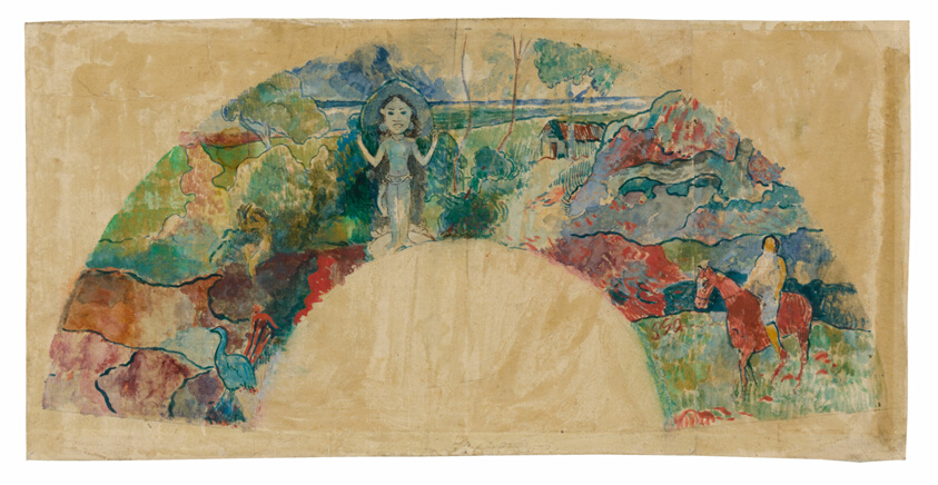 Design for a Fan Featuring a Landscape and a Statue of the Goddess Hina by Paul Gauguin