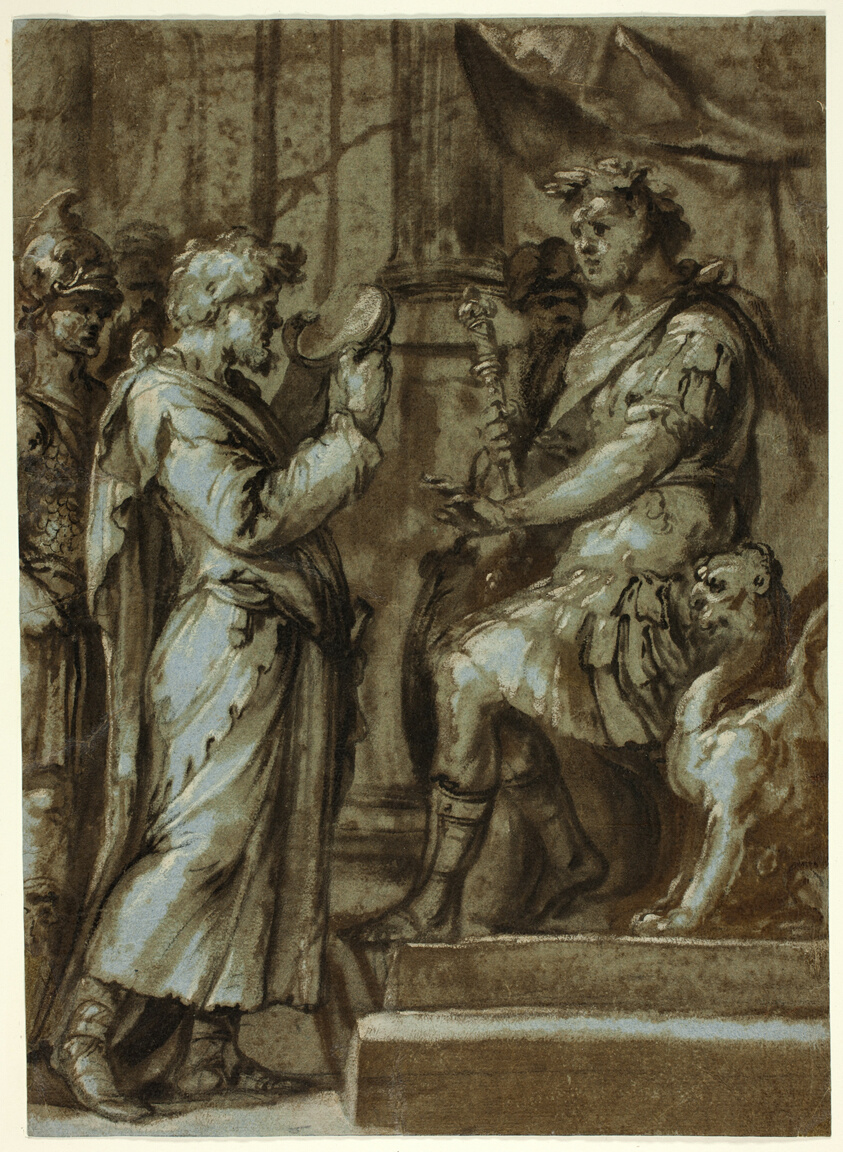 Magician Making a Prediction to an Emperor (recto); Male Nude Carrying a Load (verso) by Unknown Italian