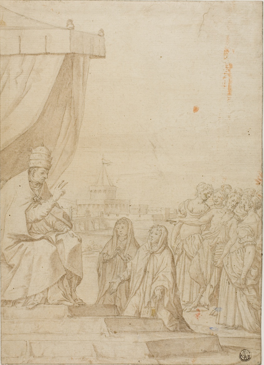 Pope Blessing Two Women in the Presence of Satyr and Assembled Women with Castel Sant Angelo in the Background by Federico Zuccaro