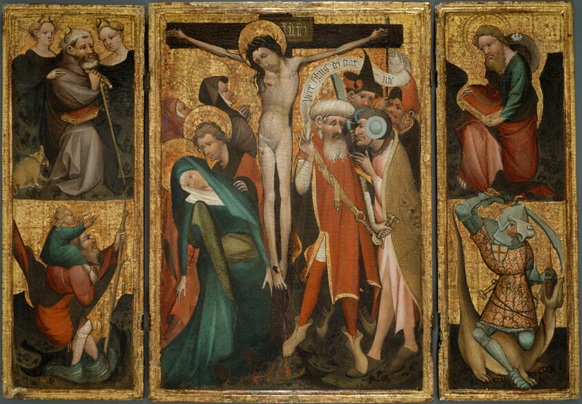 Triptych of the Crucifixion with Saints Anthony, Christopher, James and George by Netherlandish