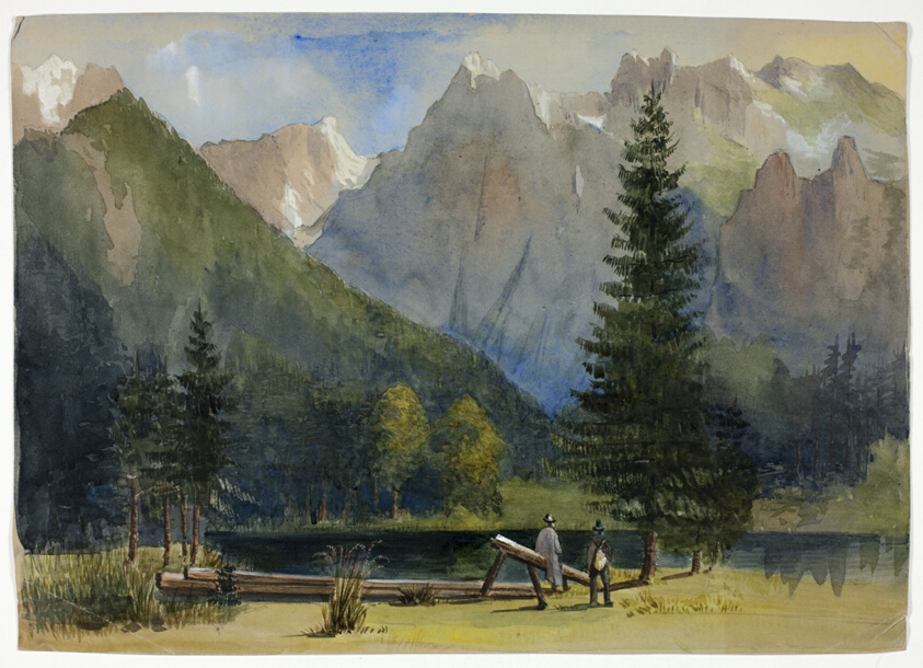 Two Men by Pond below Alps by Unknown