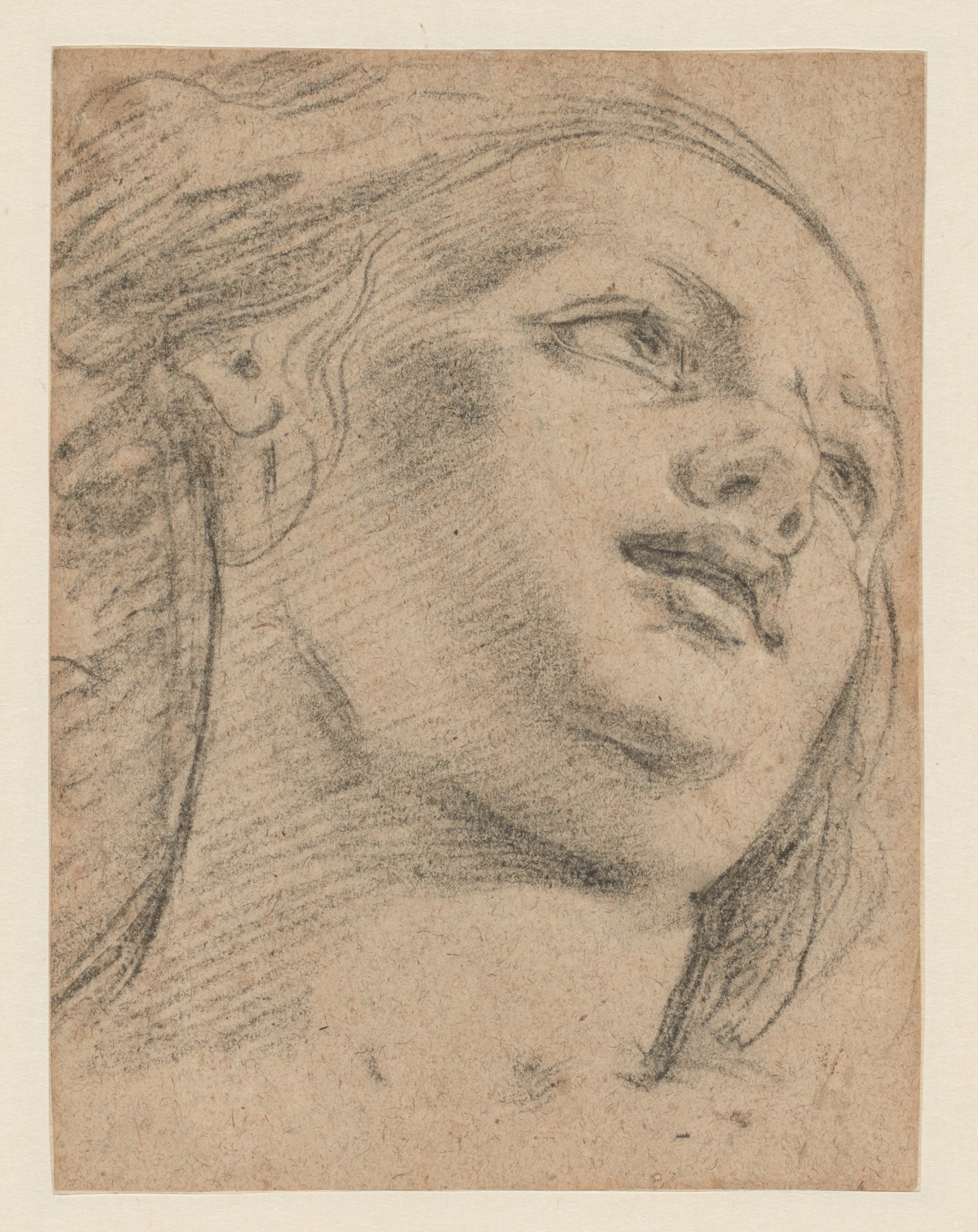 Female Head Study Looking Up to Right (recto); Study of Two Figures Supporting an Object (verso) by School of Guido Reni