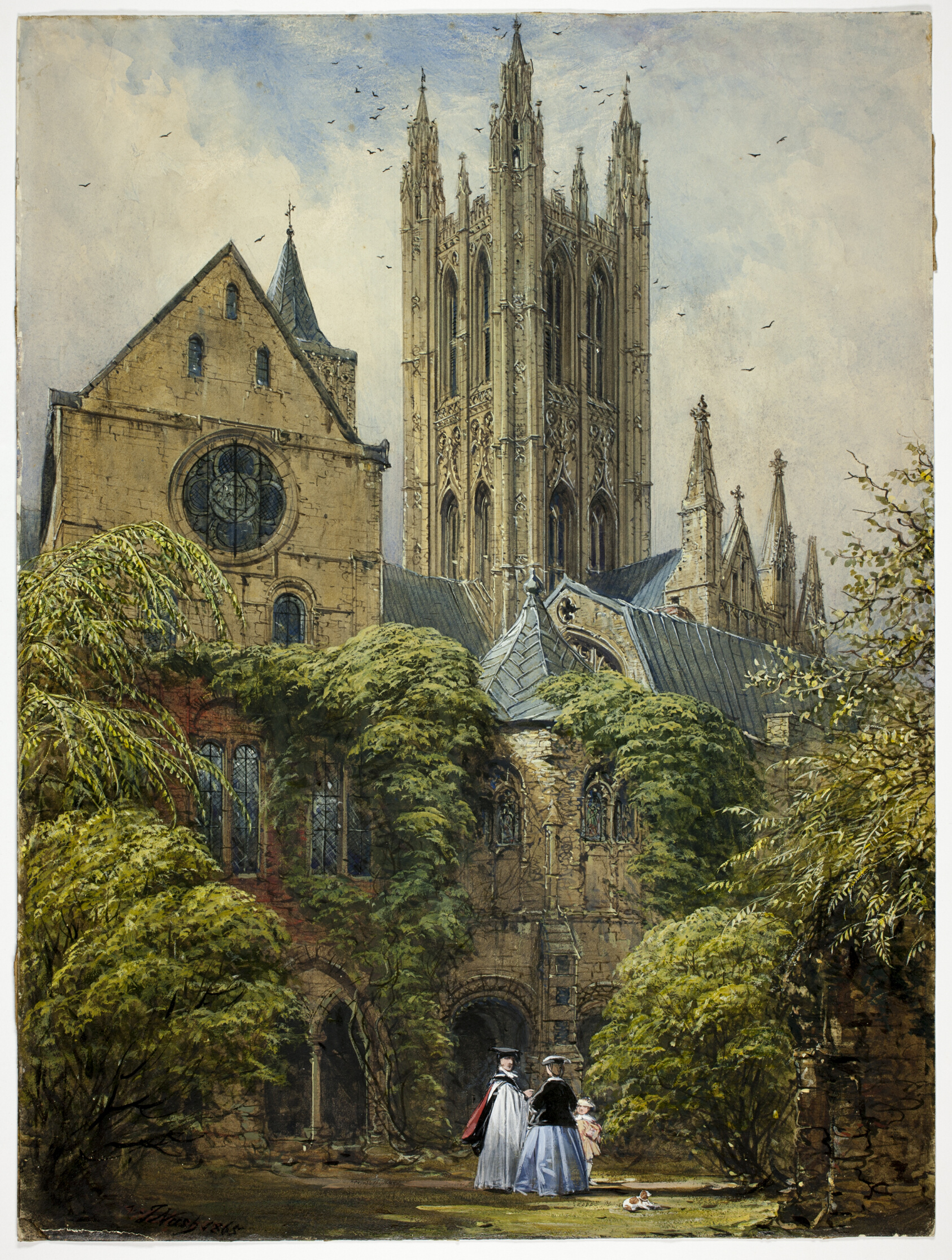 Professor, Woman, Child and Dog in Cathedral Close by Joseph Nash