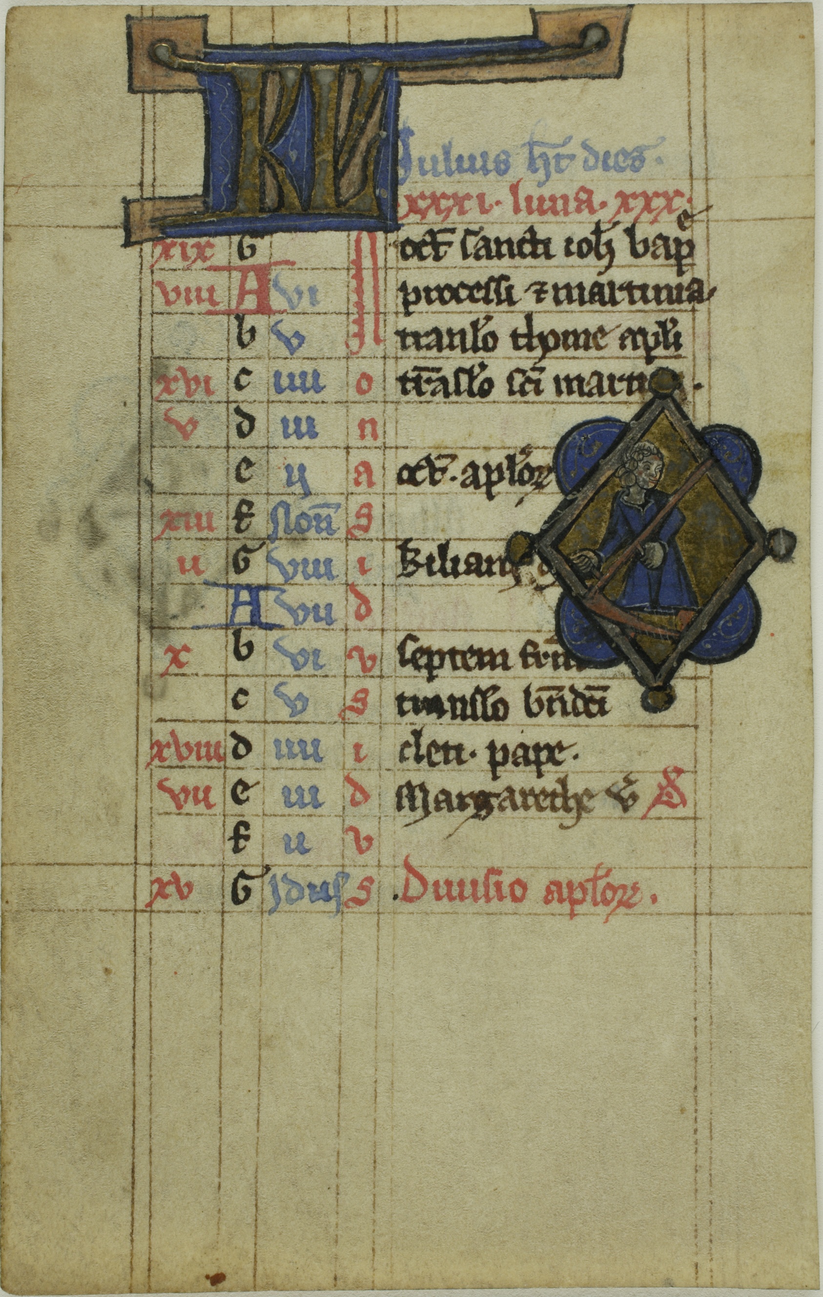 Figure with Scythe, Illuminated Initials "KL" or "BV" recto, and Fish with Lobster Claws, verso, from a Psalter or Book of Hours by Anonymous Benedictine Monk/Scribe