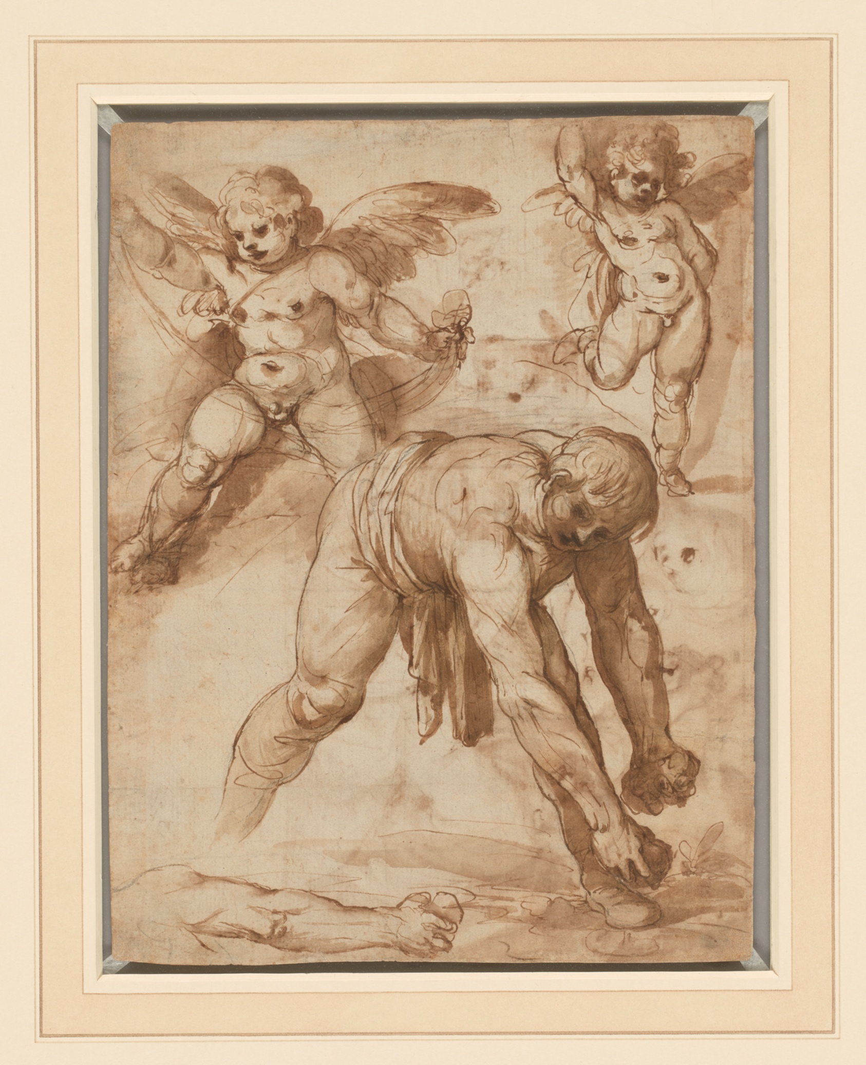 Studies of a Figure Bending Over, Two Putti, and an Arm (recto); Rest on the Flight into Egypt (verso) by Cesare Rossetti