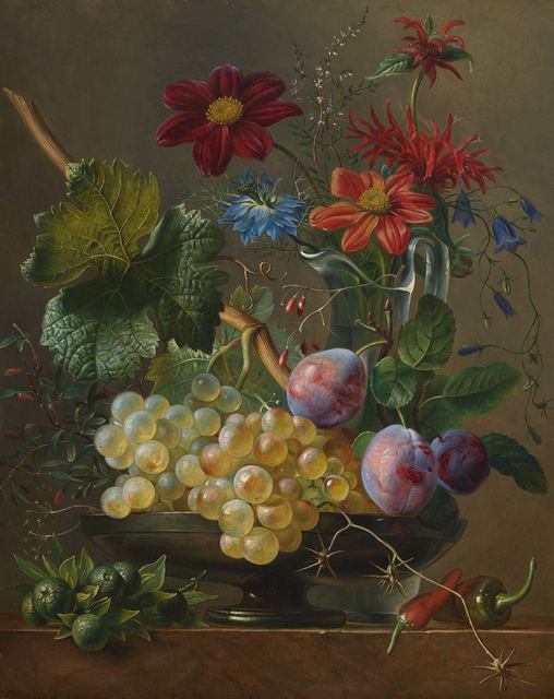Still Life with Grapes and Flowers by Mélanie de Comoléra