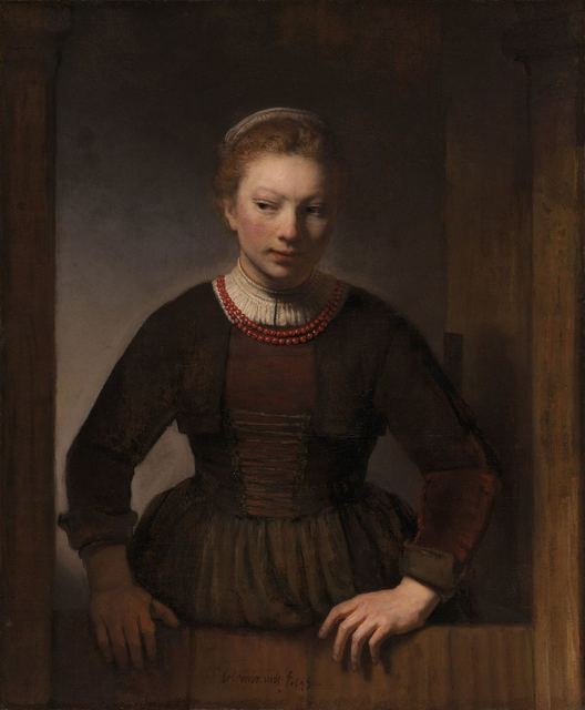 Young Woman at an Open Half-Door by Workshop of Rembrandt van Rijn