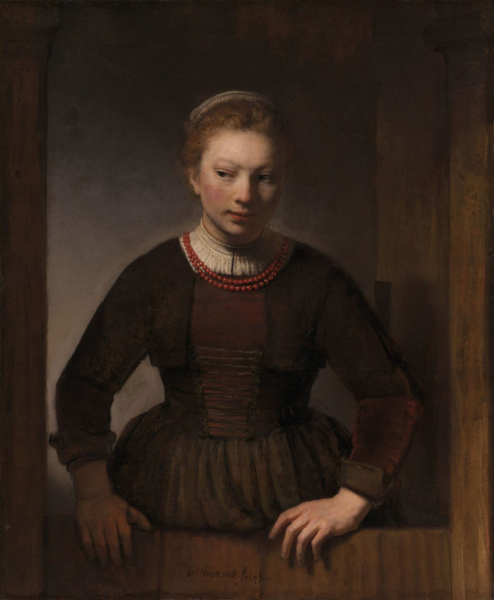 Young Woman at an Open Half-Door by Workshop of Rembrandt van Rijn